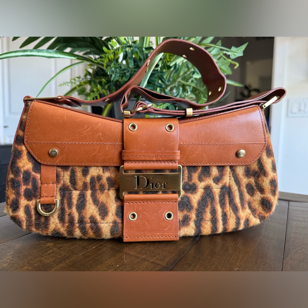 Dior Tan and Brown Leopard Print Shoulder Bag